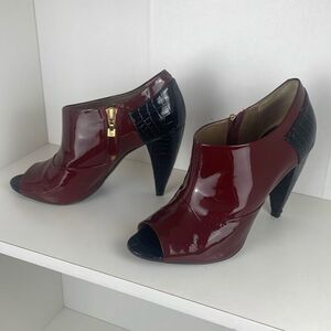 Pour La Victoire Lea Dark Cherry Patent Leather Curved Heel Ankle Bootie Sandal